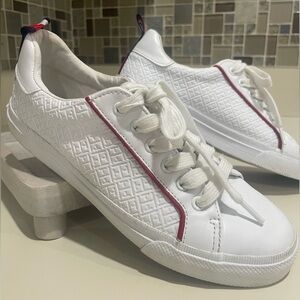 Tommy Hilfiger White and Red Embossed Sneakers